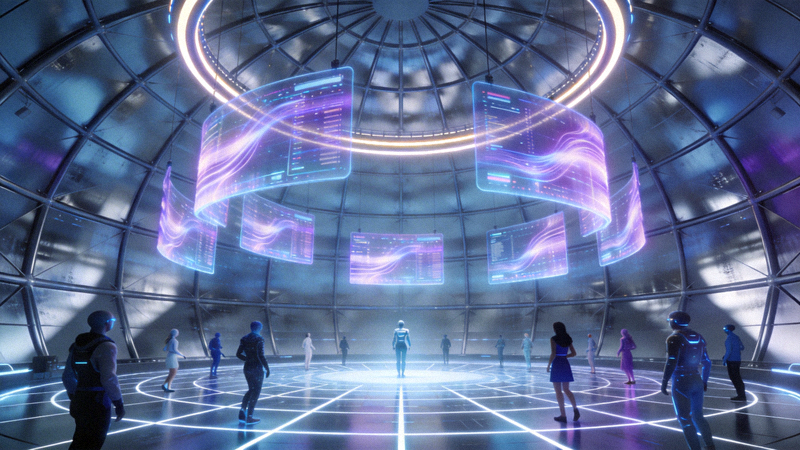 全景沉浸VR直播大厅概念图 - 一个充满未来科技感的球形空间，内部悬浮着多个全息显示界面，用户虚拟形象置身其中